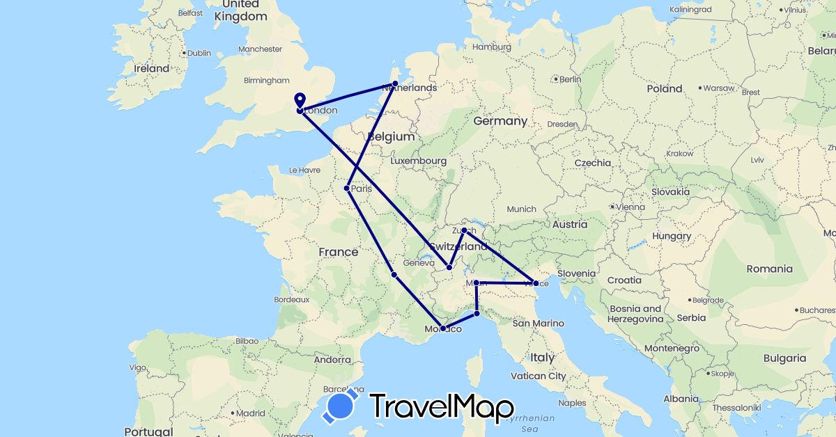 TravelMap itinerary: driving in Switzerland, France, United Kingdom, Italy, Monaco, Netherlands (Europe)